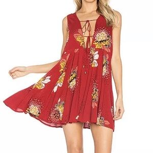 Free People Red Floral Tie-Front Swing Dress